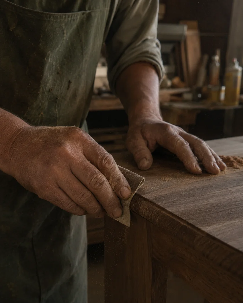 Artesano lijando un mueble de madera en el taller de Studio Poan
