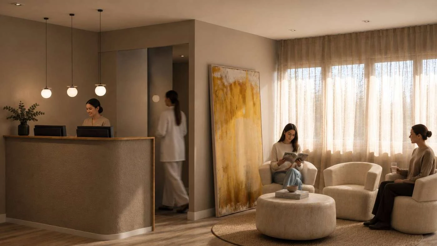 OLV18 — render de la sala de espera y recepción