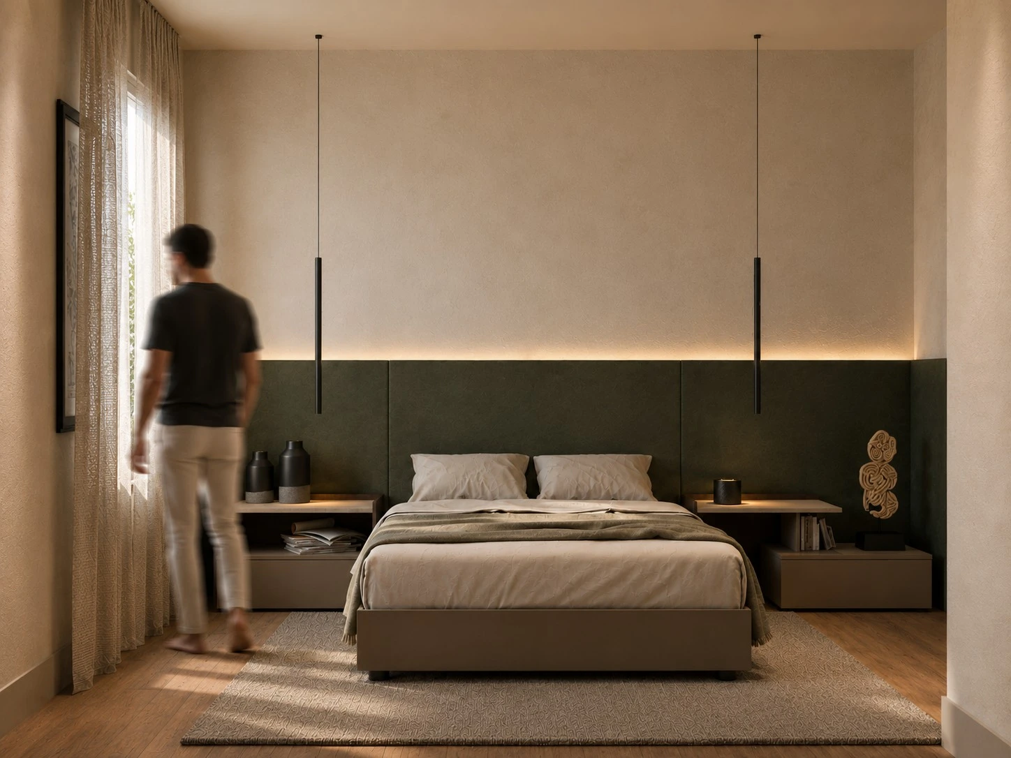 BTV36 — dormitorio principal con cabecero tapizado en verde y luz indirecta