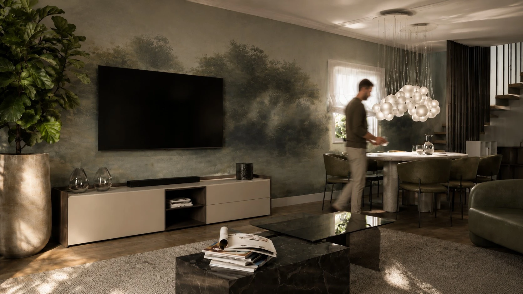 BTV36 — salón con papel pintado de paisaje y mueble de televisión a medida