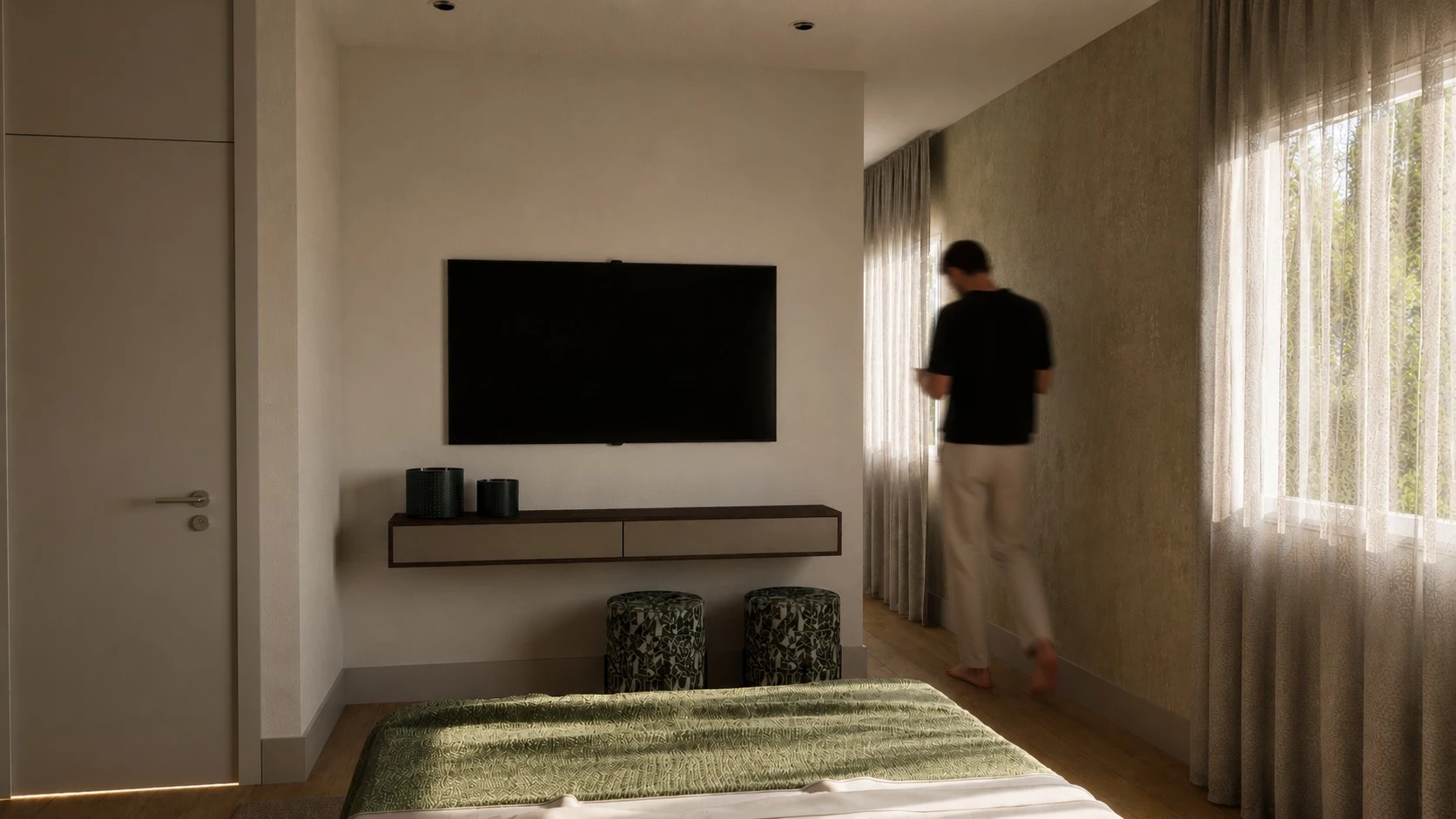BTV36 — zona de televisión del dormitorio con cajonera suspendida