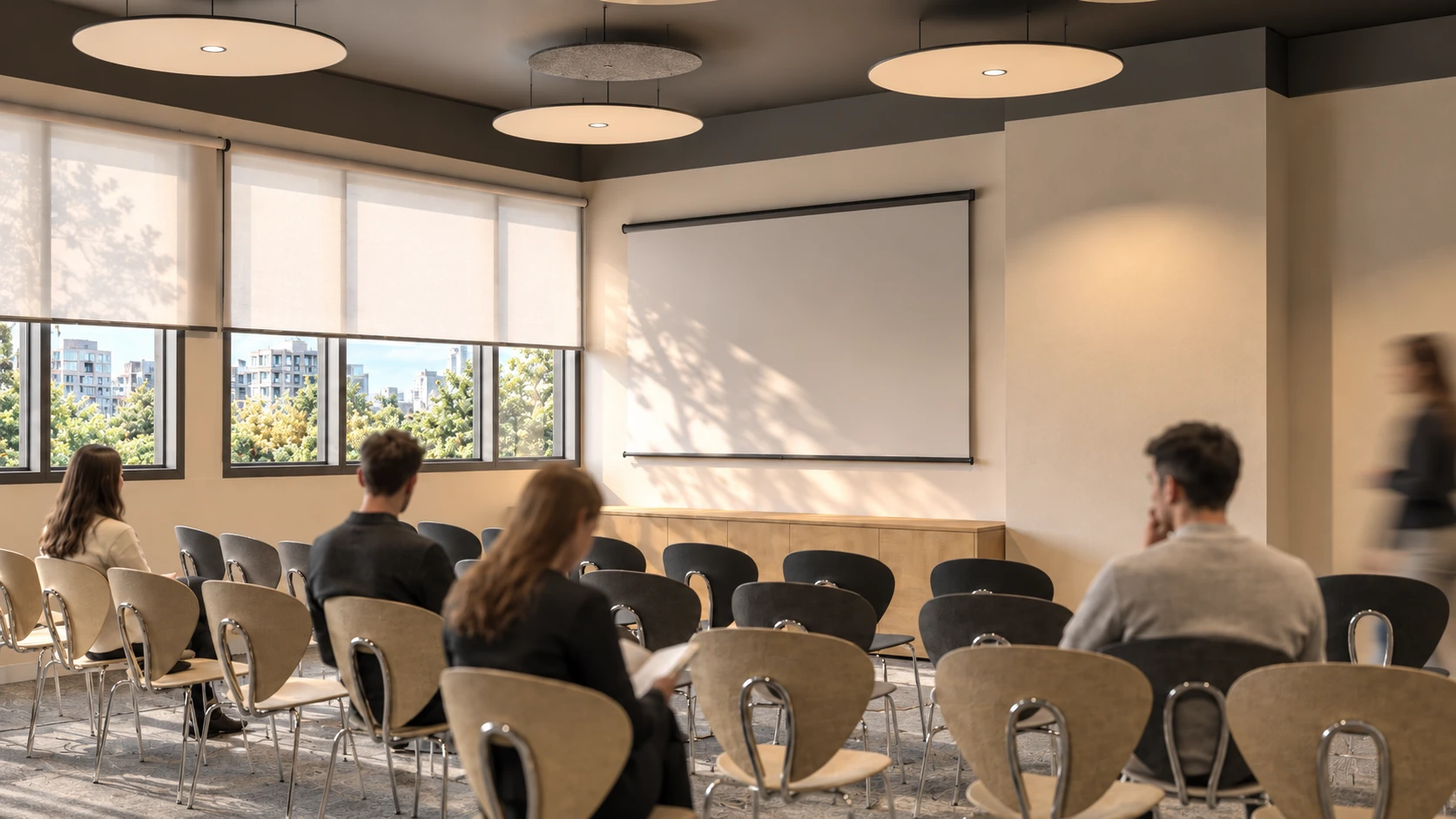 POL23 — sala de conferencias con sillas Globus y pantalla de proyección